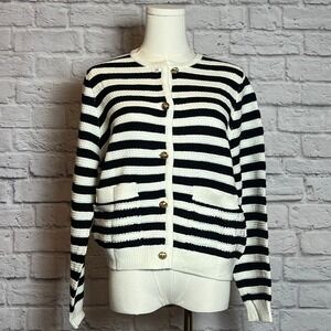 Anrabess Black White Striped Cardigan Sweater Gold Buttons Women's S